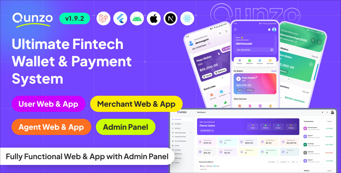 Qunzo – Fintech Wallet App and Web with User, Agent and Merchant Modules Including Admin Panel